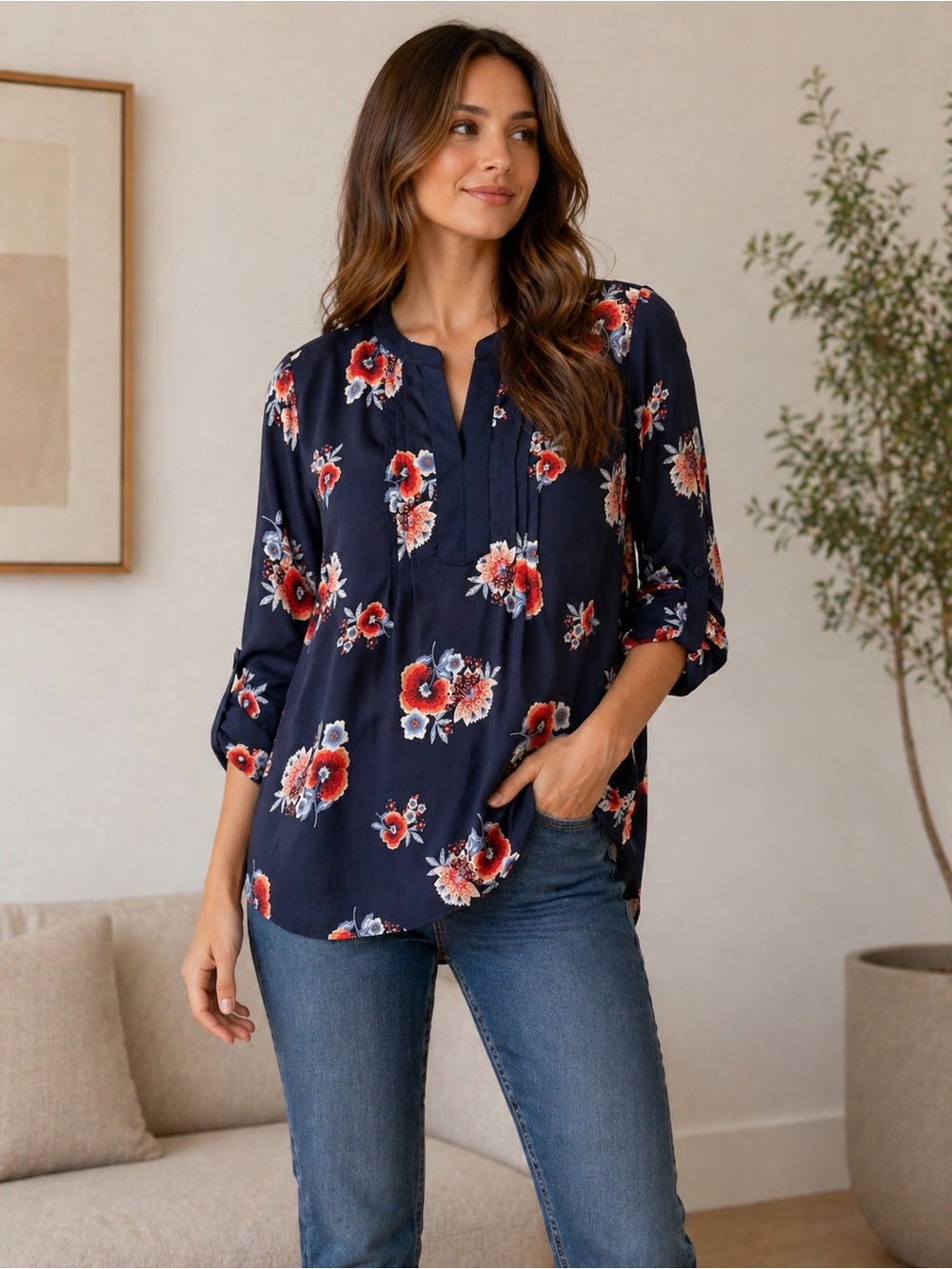 Collective Concepts Navy Floral Pintuck V-Notch Blouse